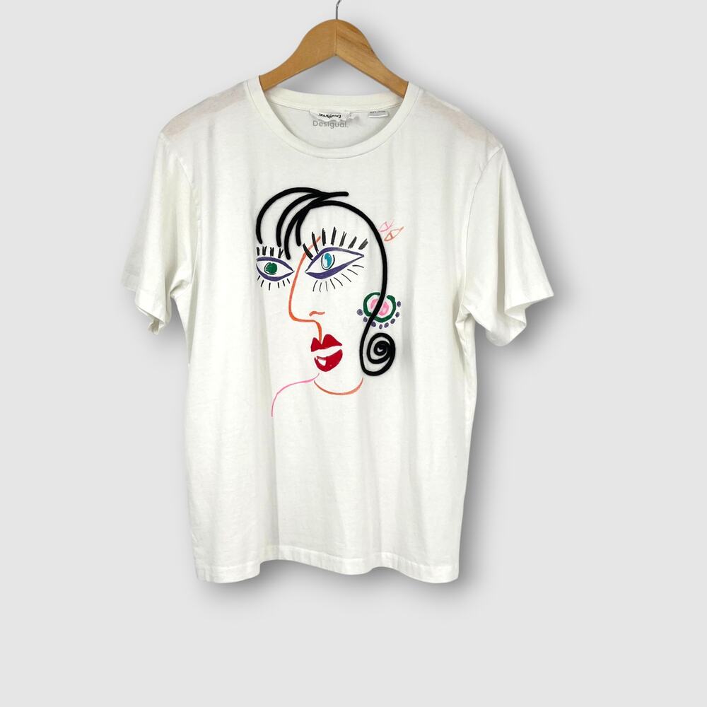 Desigual White Abstract Face Graphic Tee Colorful Line Art Portrait T-Shirt S